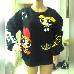 BNWOT NEVER WORN Black Sweatshirt W/ POWERPUFF GIRLS SZ. XL 15/ 17 Super GREAT !